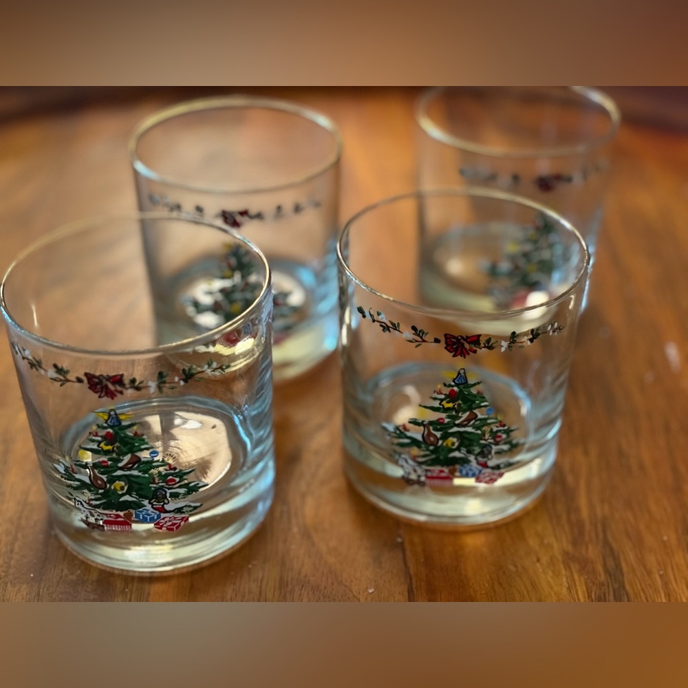 Vintage 1980s Christmas Tree Old Fashioned Glasses – Set of 4, Gold Rim